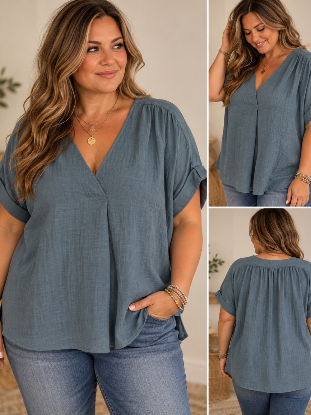 Max Studio Slate Blue V-Neck Short Sleeve Blouse